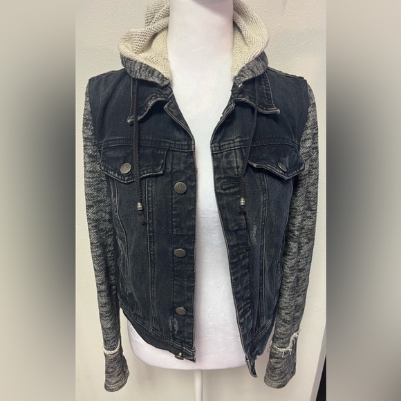 Free People Denim Knit Sleeve Hooded Distressed Jean Trucker Jacket - Picture 3 of 8